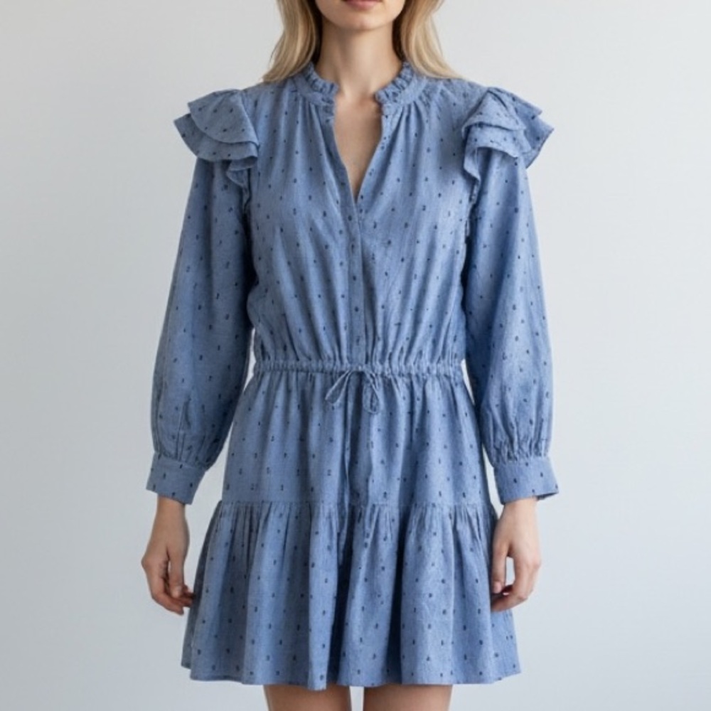 Joie NWT Light Blue Eyelet Tiered Mini Dress with Ruffle Shoulders